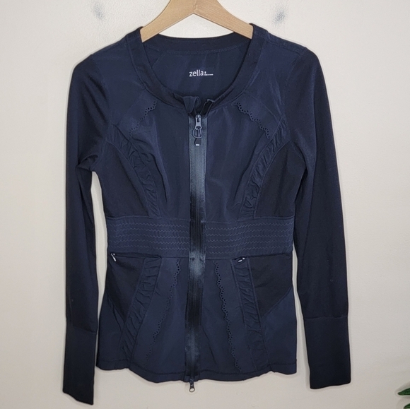 Zella | Black Zip Front Jacket with Ruched & Laser Cut Details Size Small - Picture 1 of 7